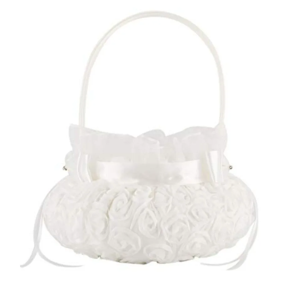 

Bowknot Silk Cloth Wedding Ceremony Party Rose Flower Girl Basket White (White, 5 inches)