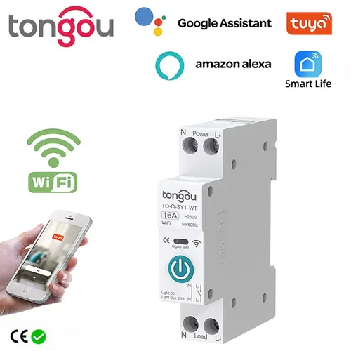 Tuya-disyuntor inteligente WiFi 1P 63A, carril DIN para casa inteligente, Control remoto inalámbrico, interruptor WiFi por aplicación TONGOU, Envío Gratis