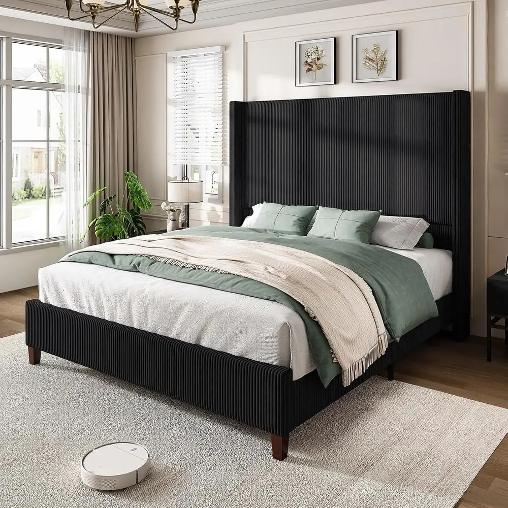 Queen Size 62 Corduroy Upholstered Bed, Extra Tall Wingback Platform Bed with Veal Stripe, No Box Spring Needed, Solid Wood Slat