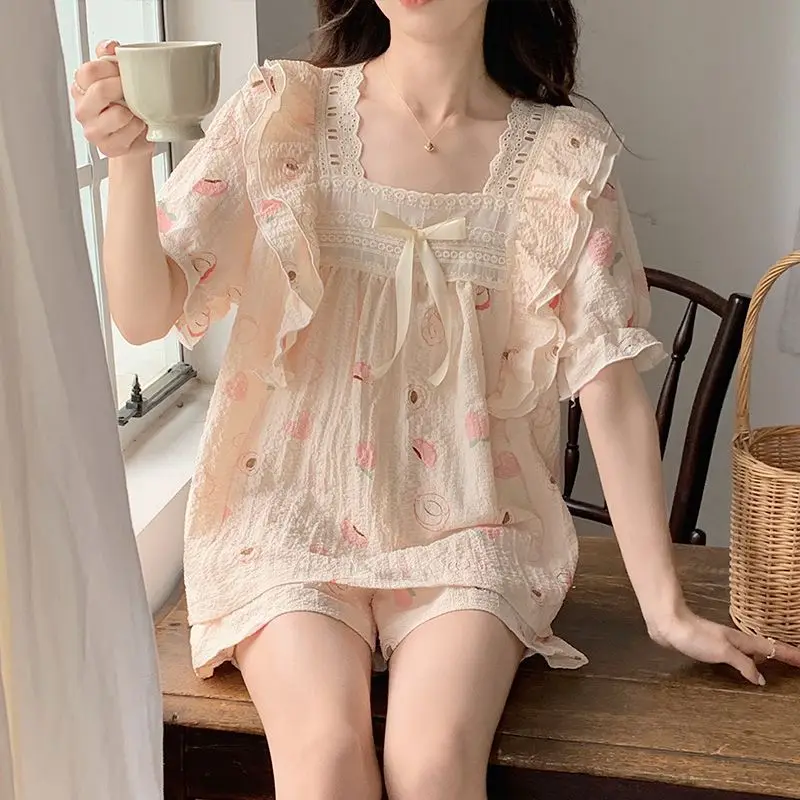 Kawaii Clothes Sleepwear Women Summer Short Sleeve Cotton Pajamas Sets Lace Loungewear Two Piece Girls Nightwear Korean Pajamas