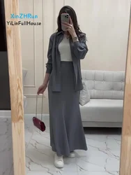 2024New Womens Lapel Single Breasted  Casual Loose Long Sleeved Shirt Top Temperament Slim Fit Elastic Waist Long Skirt Thin Set