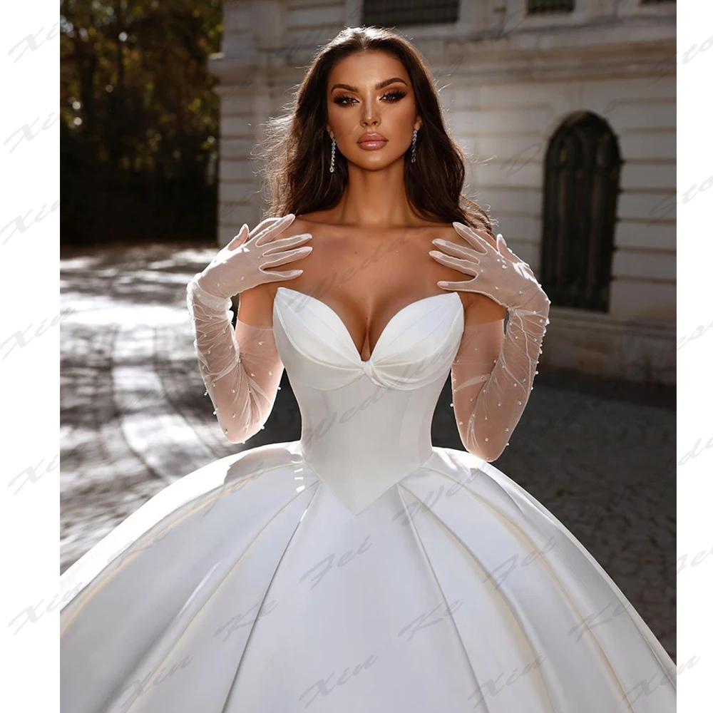 Eleganti abiti da sposa da donna con pieghe in raso Sexy con spalle scoperte abiti da sposa a trapezio da principessa festa formale senza guanti