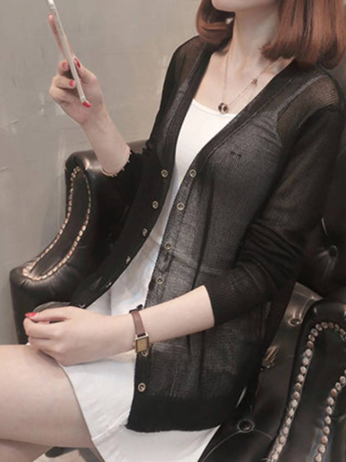 Cárdigan de punto de seda de hielo para mujer, nuevo estilo de verano, ropa de abrigo fina, csa corta hoada con frente a...