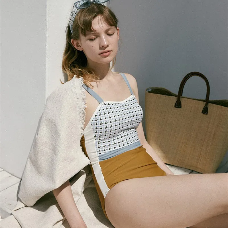 

New Korean Fresh Color Block One-Piece Swimsuit Women with Hair Clip Hot Spring Beach Vacation Swimwear