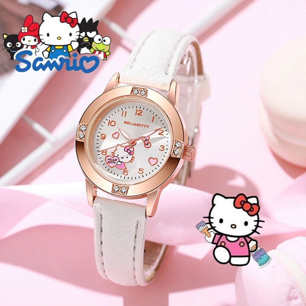 

Sanrio Hello Kitty Watches Cinnamoroll Kuromi My Melody Cute Cartoon Rose Gold with Diamond Belt Watch Women's Quartz Watch