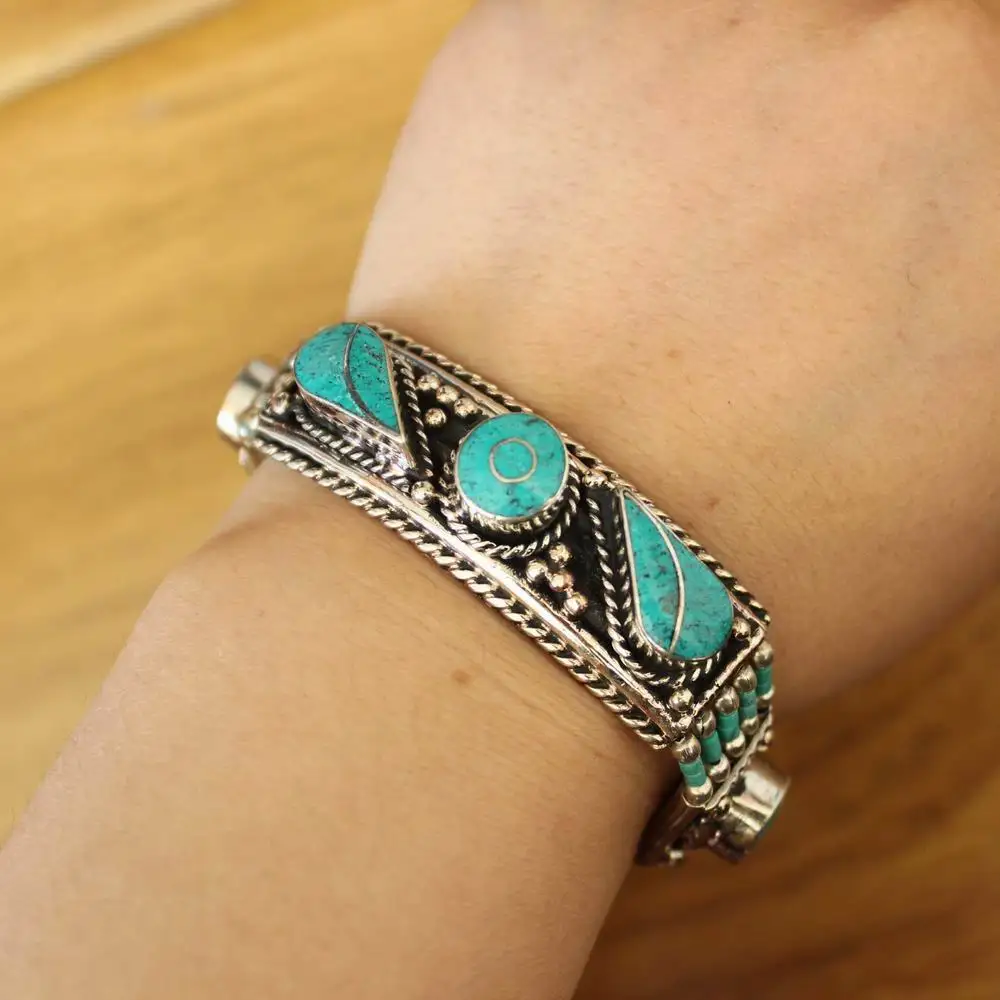 BR067 Handmade Nepal Jewelry Copper Inlaid Turquoises Beads 17mm Wide Woman Cuff Bracelet  New Arrival