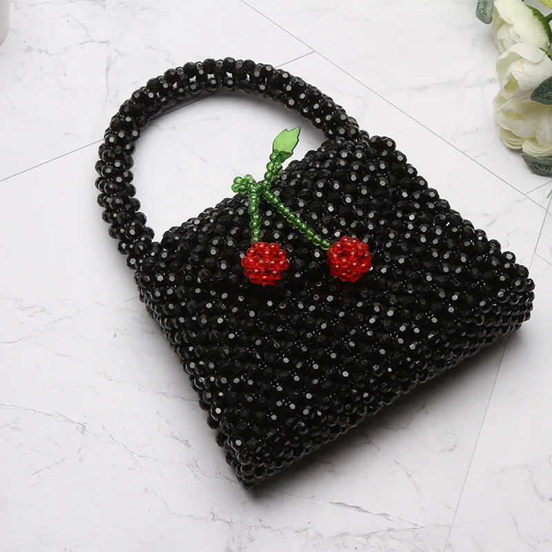 Handwoven Black Beaded Bag Fashionable Ins Cherry Design New In Ladeis Handbag Simple Versatile Summer Acrylic Women\'s Bags