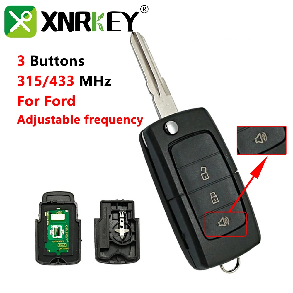 

XNRKEY 3 Button Folding Flip Remote Car Key 315/433Mhz for Ford Panic Button Remote Car Key Adjustable Frequency