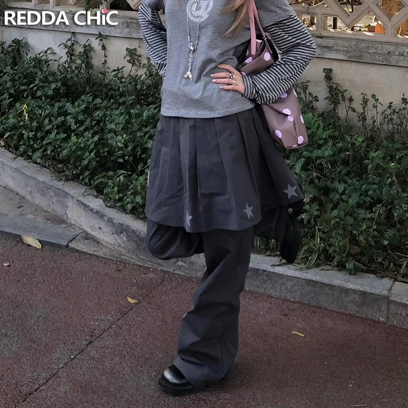 

ReddaChic Women Removable Skirt Suit Trousers Grunge Loose Star Print Pleated Draped Vintage Bell Bottoms Korea Streetwear