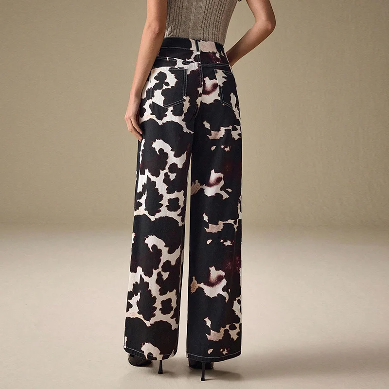 Benuynffy Jeans da donna stampati con perline di perle Streetwear Pantaloni in denim a gamba larga dritti larghi a vita alta vintage da donna