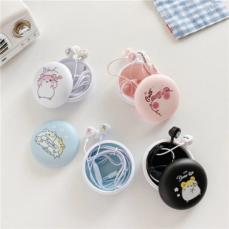 

New Cartoon With Storage Box And Subwoofer 3.5mm Headphone Cable for OPPO Huawei Redmi Mobile Phone With Microphone Universal