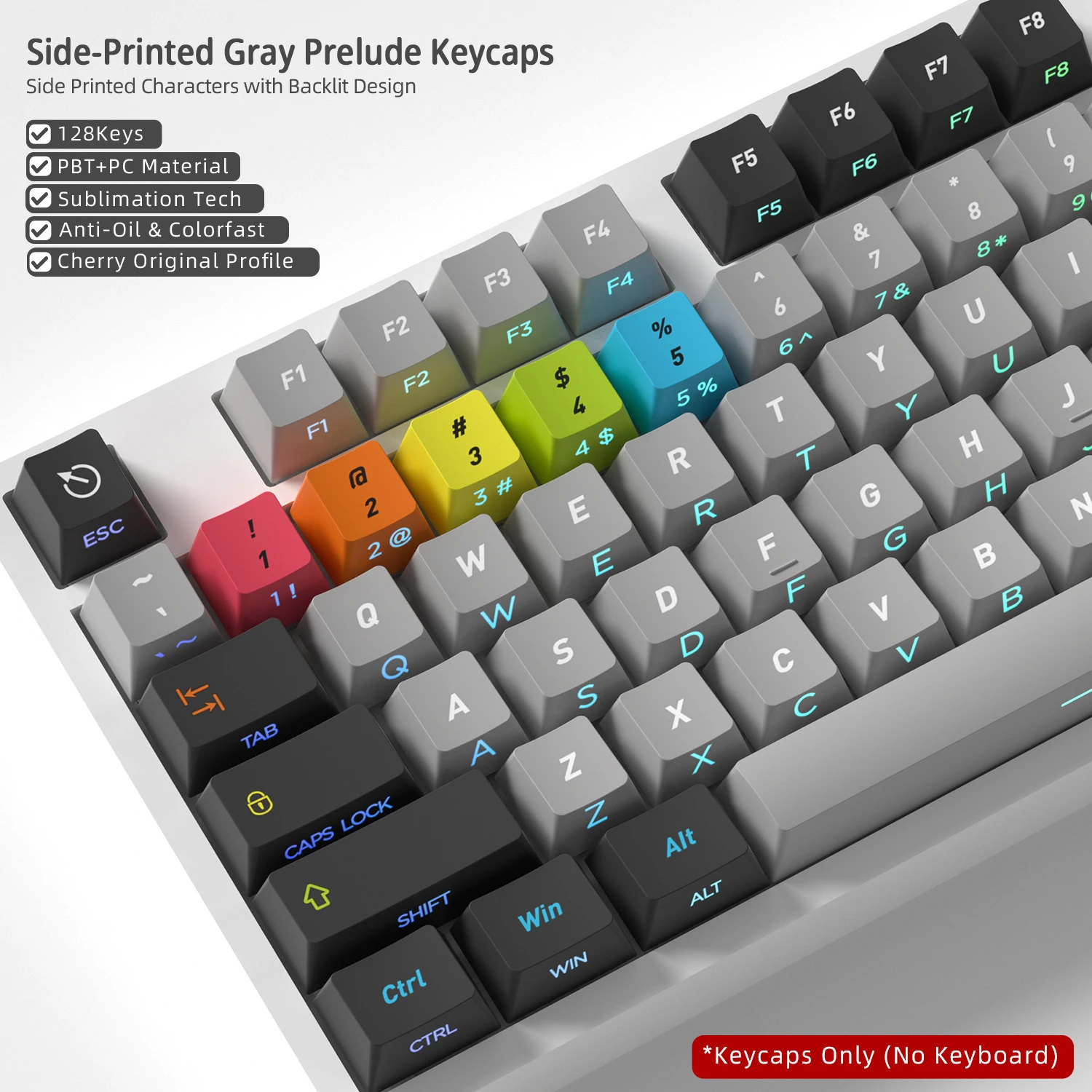 Graue Prelude-Tastenkappen mit seitlicher Hintergrundbeleuchtung, 128 Tasten, PBT-Material, Cherry-Profil, für MX-Schalter, mechanische Tastatur, ISO-ANSI-Layout