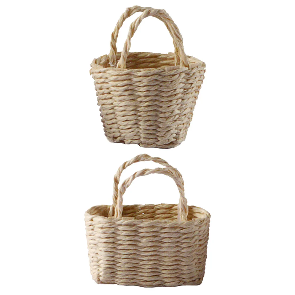 

2 Pcs House Flower Basket Miniature Decors Storage Baskets Baby Bamboo Ornament Micro Scene Toy