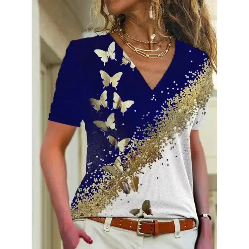 

Women's 3D T-Shirt Summer V-Neck Short Sleeve Butterfly Print Cute Girl's Top Fashion T-Shirt Plus Size T-Shirts Women Clothing