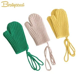 Wool Kids Winter Gloves for Girls Boys Solid Color Children Mittens with Straps Warm Children Accessories 3-9Y