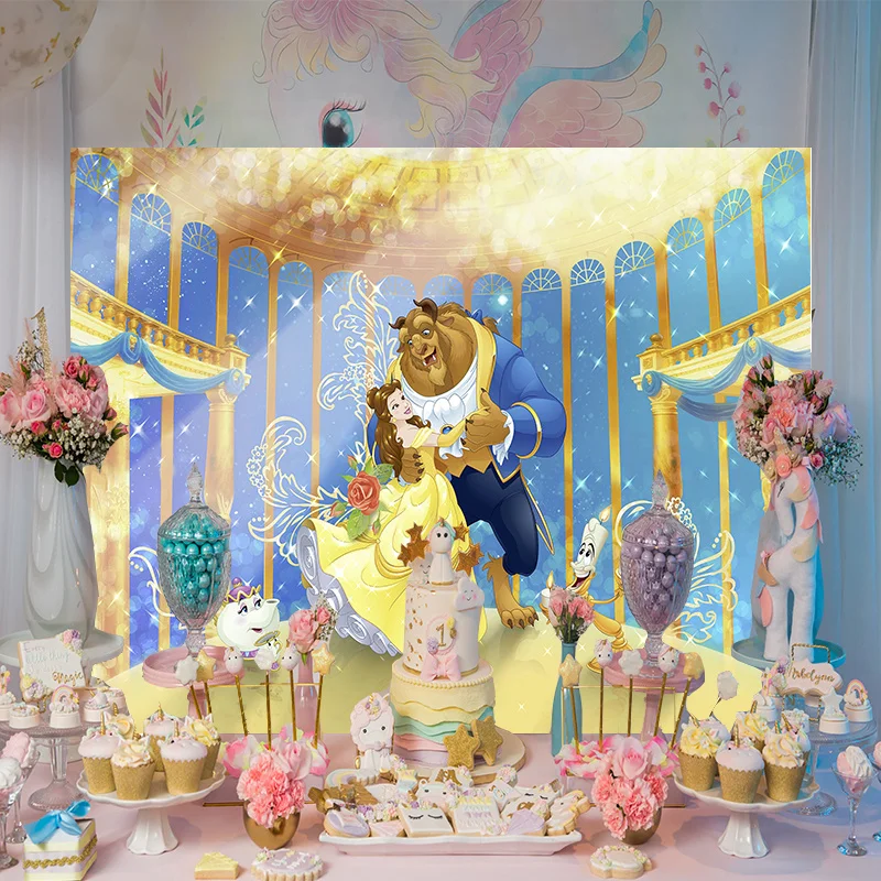 Cartoon Romantic Rose Dreamy Wedding Backdrop Disney Beauty And The Beast Belle Cute Princess Happy Birthday Party Background