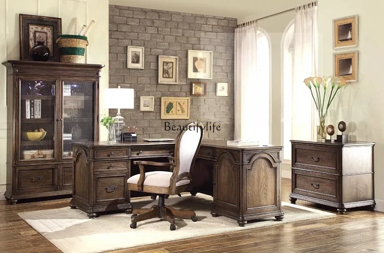 jj * Scrivania angolare in rovere vecchio studio retrò europeo, legno massello americano