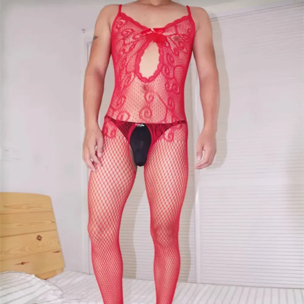 Pakaian Dalam Seksual Pria Dewasa Produk Seks Banci Stoking Seluruh Tubuh Dada Berongga Mode Kostum Gay Satu Potong Transparan