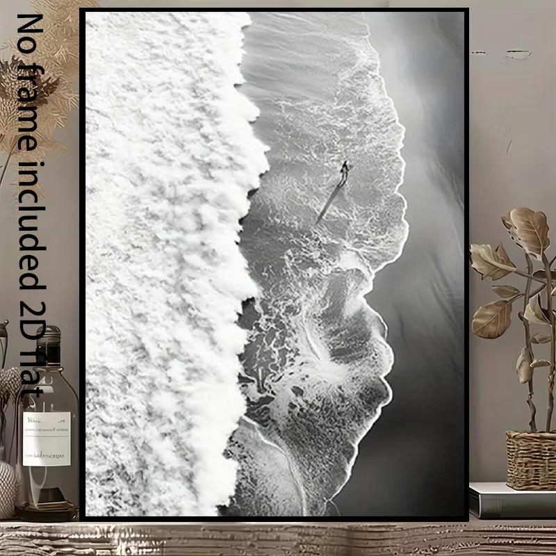 2D Flat, 2D Flat, A 2D Flat Canvas Painting Featuring a Surfer Amidst Black And White Ocean Waves, Showcasing a Perfect Blend