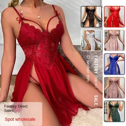 Lace Embroidery Blue Sling Underwear Mesh See-through Pajamas Home Clothes Temptation Seduce Sexy Multi-color Models