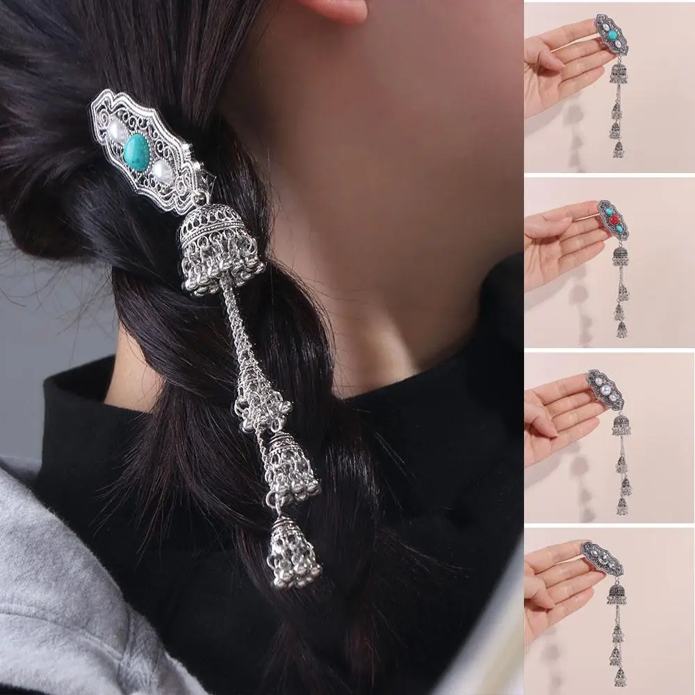 

Vintage Turquoise Tassel Bell Hair Clip Elegant Pearl Ethnic Style Hairpin Crystal Headdress Chinese Style Hair Accessories