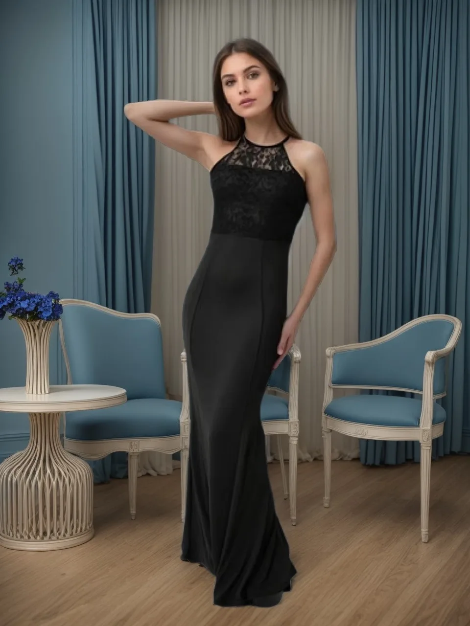 

BABYONLINE Sexy Halter Evening Dresses Illusion Floral Lace O-Neck Sleeveless Backless Prom Gown Long Formal Party Mermaid Dress
