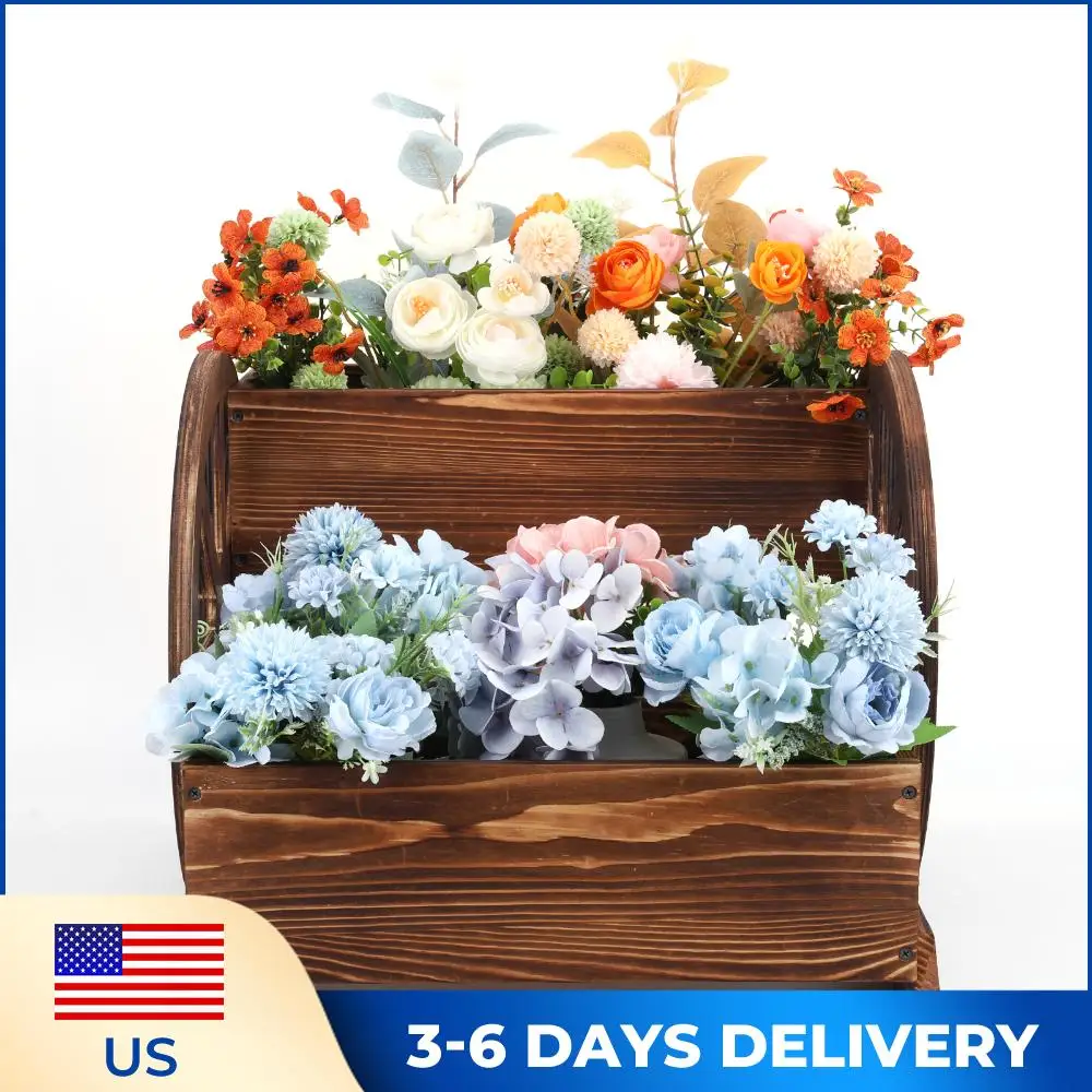 

Wooden Decorative Planter with Wheels Rustic Flower Pot Flower Cart for Indoor Outdoor Patio Garden Balcony Backyard