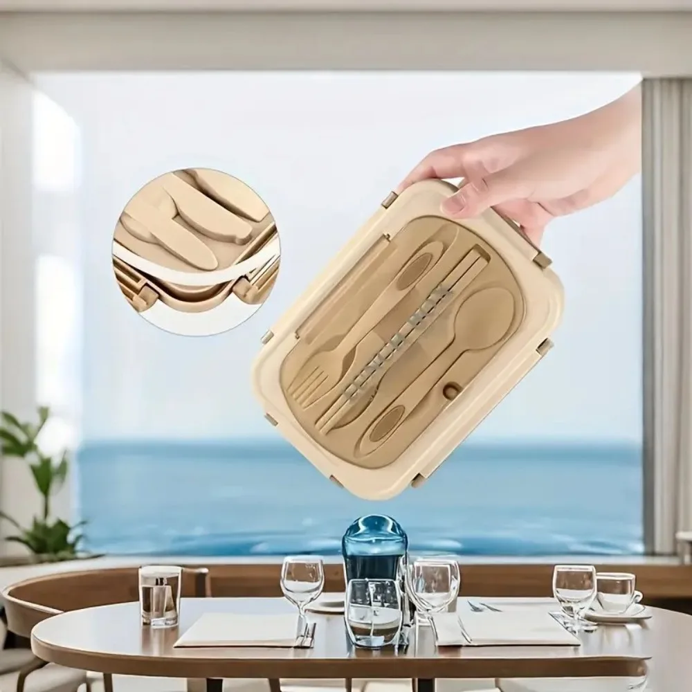 

With Cutlery Student Lunch Box Leakproof Microwaveable Food Storage Container Rectangular 3 Compartment Picnic Box Camping