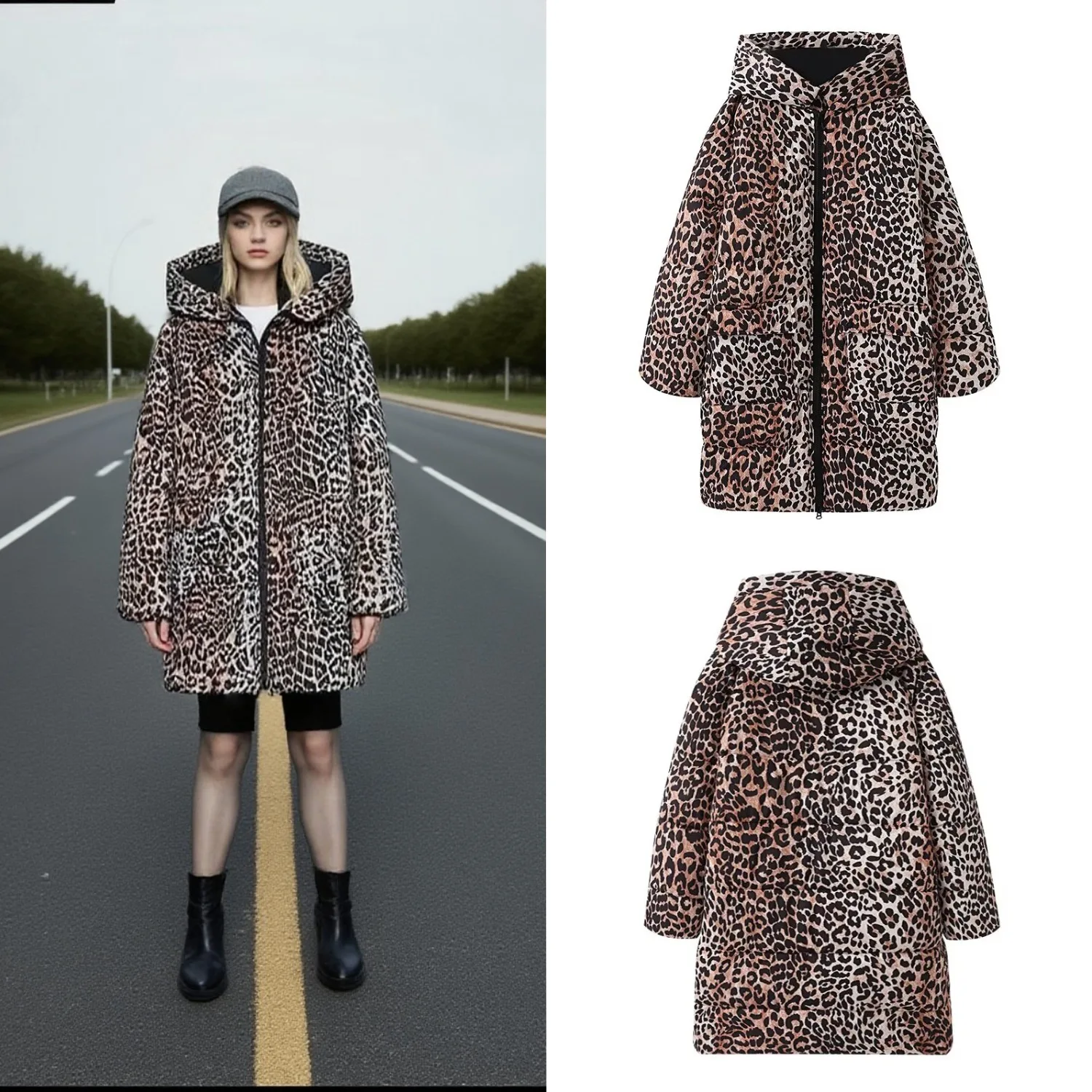 

New Warm Cotton Jacket Coat Women's Fashion Print Leopard Pattern Long Hooded Autumn Winter Arrival Women's Thickened Coat