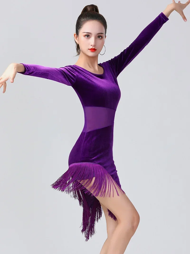 เครื่องแต่งกายหญิงผู้ใหญ่เกาหลีกํามะหยี่พู่ Dancewear STAGE Performance เซ็กซี่ตาข่าย Splice ชุดเครื่องแต่งกายผู้หญิงเต้นรําละติน