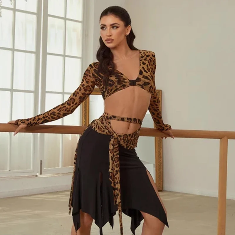 

Women'S Latin Dance Costume Sexy Leopard Latin Top Irregular Skirts Professional Stage Party Ballroom Dance Clothes SL9034
