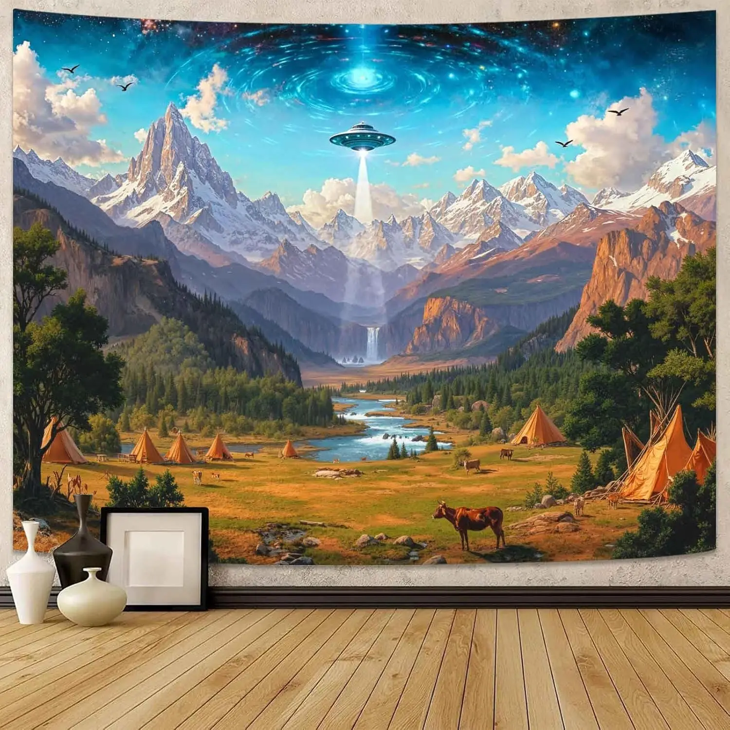 UFO Mountain Valley Tapestry, Alien Spaceship Over Scenic Nature Landscape Print Wall Hanging for Bedroom Living Room Home Decor
