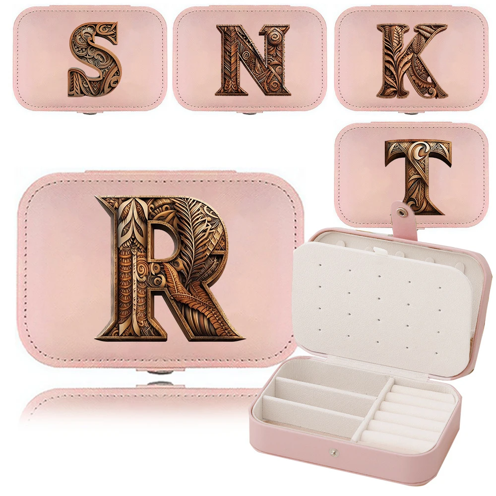 

Jewelry Storage Box Double Layer Portable Jewelry Organizer Necklace Earring Display Wood Art Letter Series Pink Storage Box