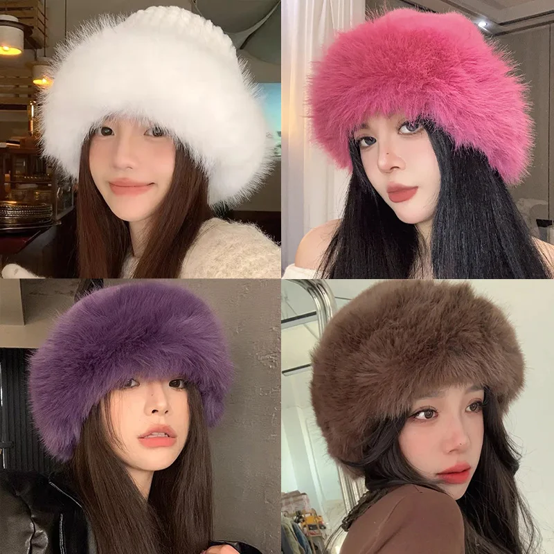 

2026 Korean Plush Fisherman Hat Solid Color Winter Thicken Warm Fluffy Fur Bucket Hat Women Cold Windproof Snowy Day Panama Cap