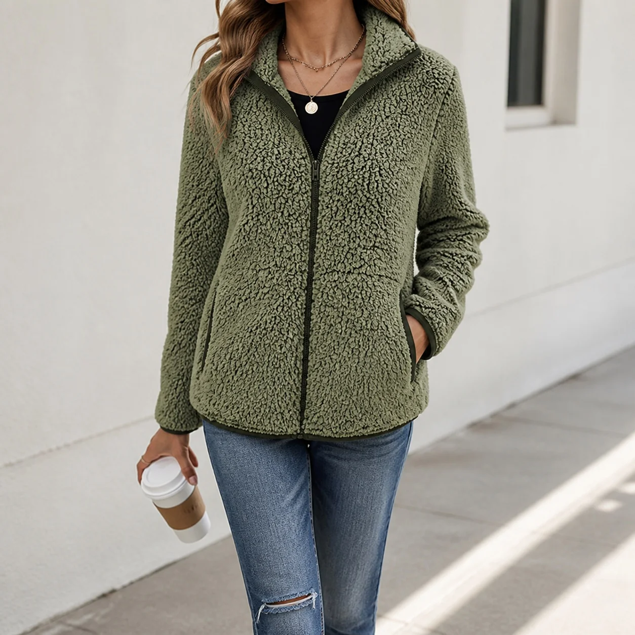 Casual Zipper Coat Loose Fit Commuter Chic with Stand Collar Regular Sleeve No Hood Long Length Single Urban Style for Women