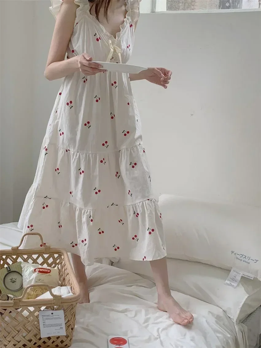 Sexy Korean Nightdress Loungewear Sweet Trim V-neck Long Style Sleeveless Dress Ruffles Female Pajamas Lace Women Print Cherry