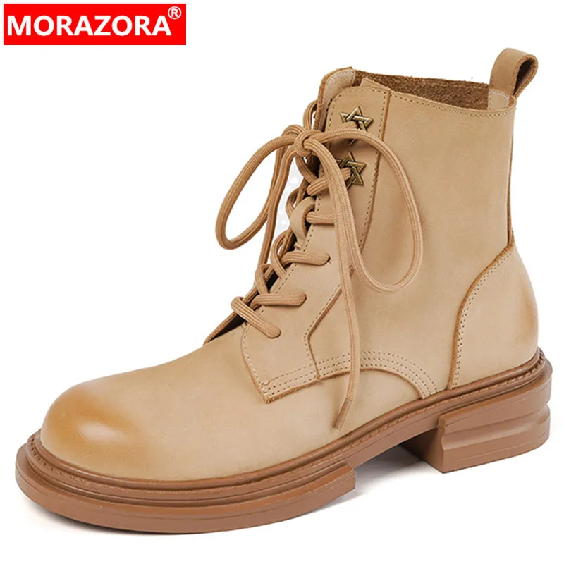 

MORAZORA 2024 New Genuine Leather Lace Up Women Boots Ladies Square Med Heels Shoes Ankle Platform Retro Boots