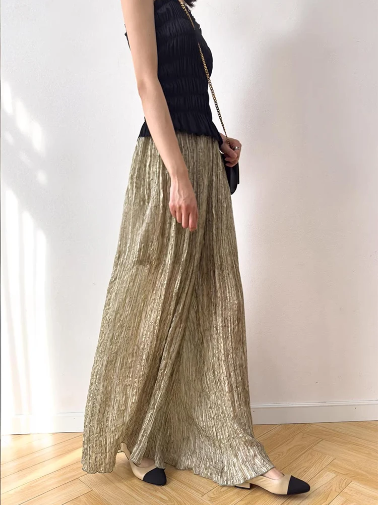 Women Pants 58.2% Mulberry Silk 41.8% Viscose Crinkle Silk Golden Shiny Loose Type Wide Leg Casual Trousers With Lining M1554