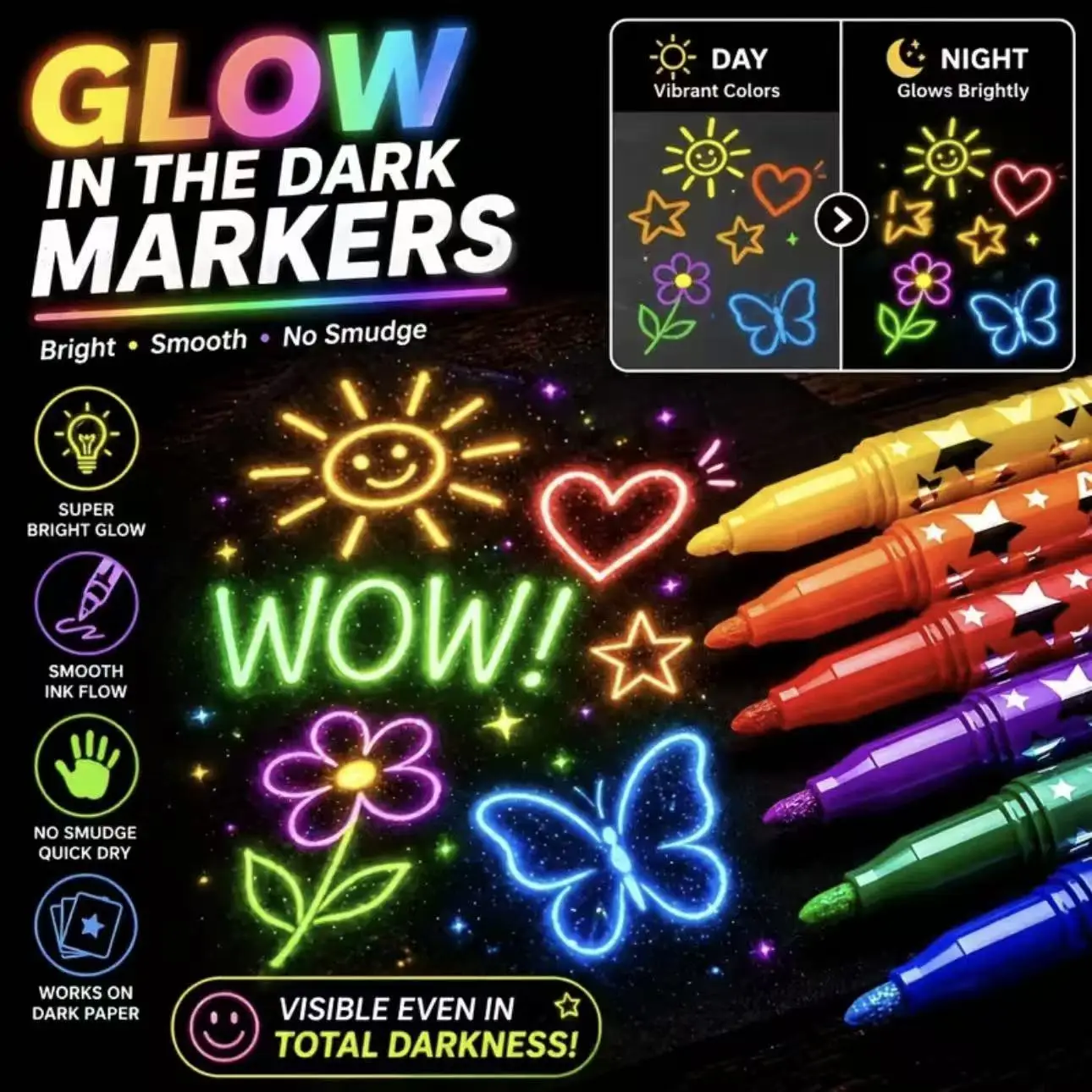 

6Pcs Colorful Luminous Highlighter Pens - Glow in the Dark Markers for Art, Drawing, Scrapbooking & Creative Creations