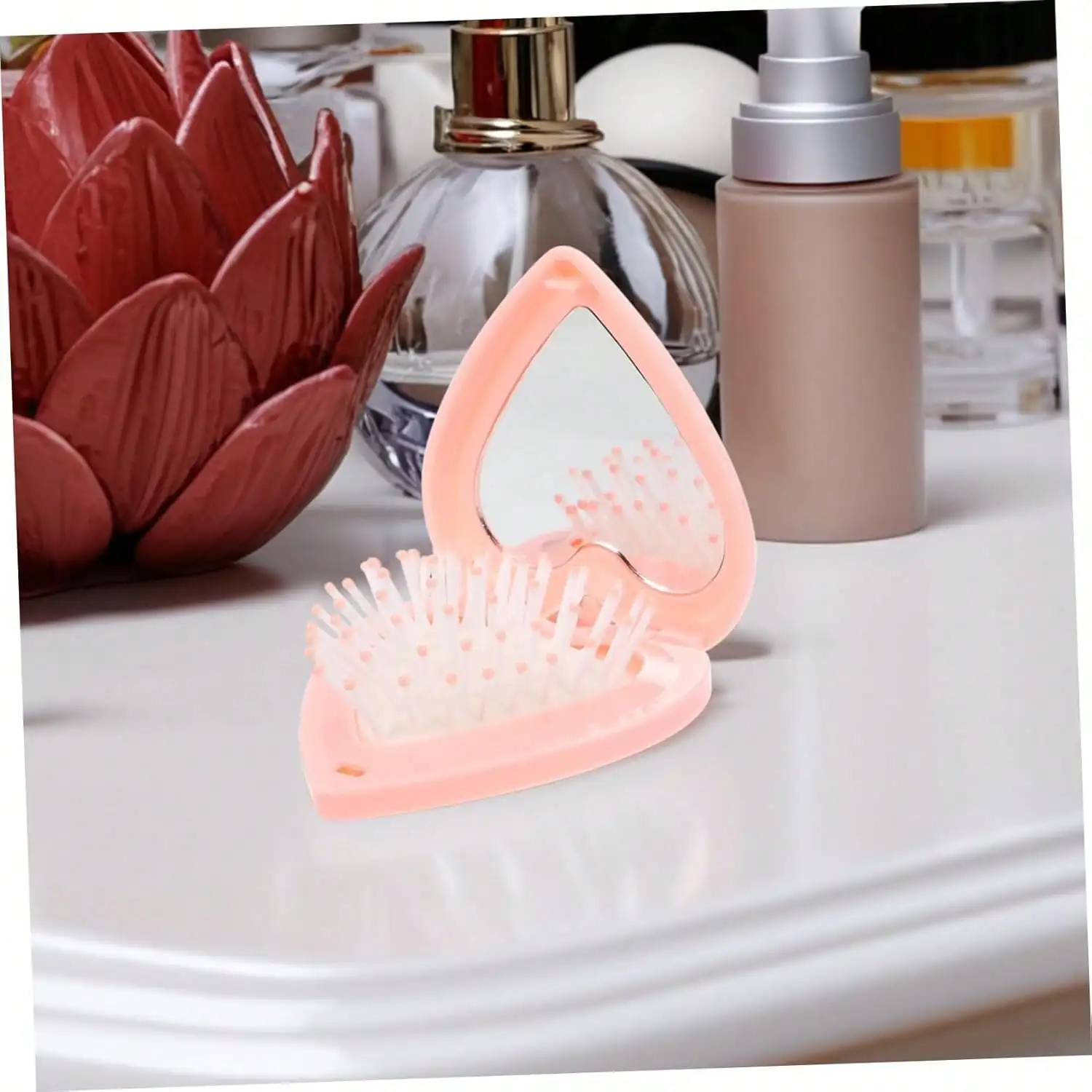 فرش شعر للسفر قابلة للطي بلمسة نهائية لامعة مع مرآة، فرشاة شعر صغيرة على شكل صدفة، مشط، فرش سفر للشعر للنساء والرجال #4