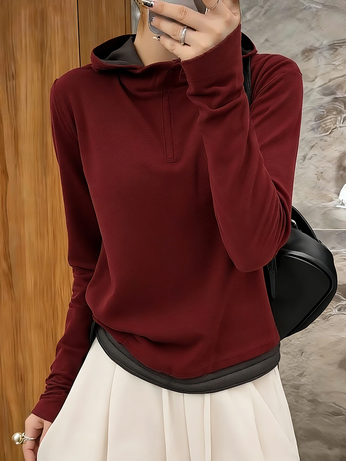 

Chic Anti-Aging Korean Style Color Block Design Hoodie T-Shirt Spring Slimming Versatile Commute Fashion Long Sleeve Women's Top