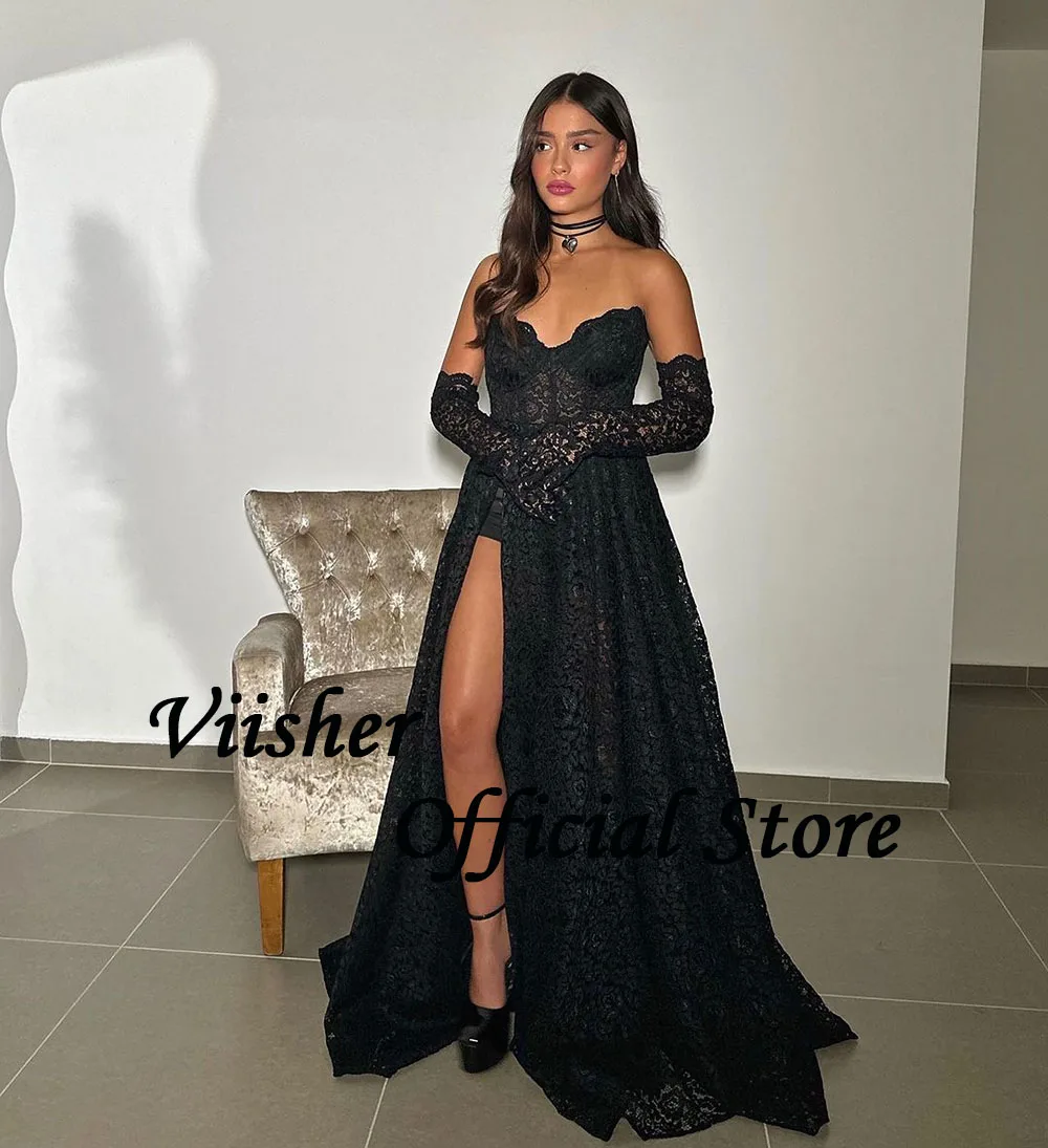 Viisher Black Lace Tulle Prom Dresses Sexy Sweetheart Leg Split A Line Evening Party Dress with Train Long Celebrate Event Gown