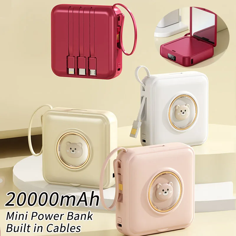 

Портативное зарядное устройство Mini Power Bank на 20000 мАч, встроенное 4 кабелями, зеркало для макияжа, внешний аккумулятор Powerbank для мобильных телефонов