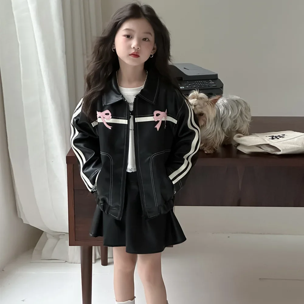 

Children Clothing Suit 2024 Autumn Spice Girl Fashion Style Bow PU Leather Jacket Skirt Casual Simple Girls Two-piece Set
