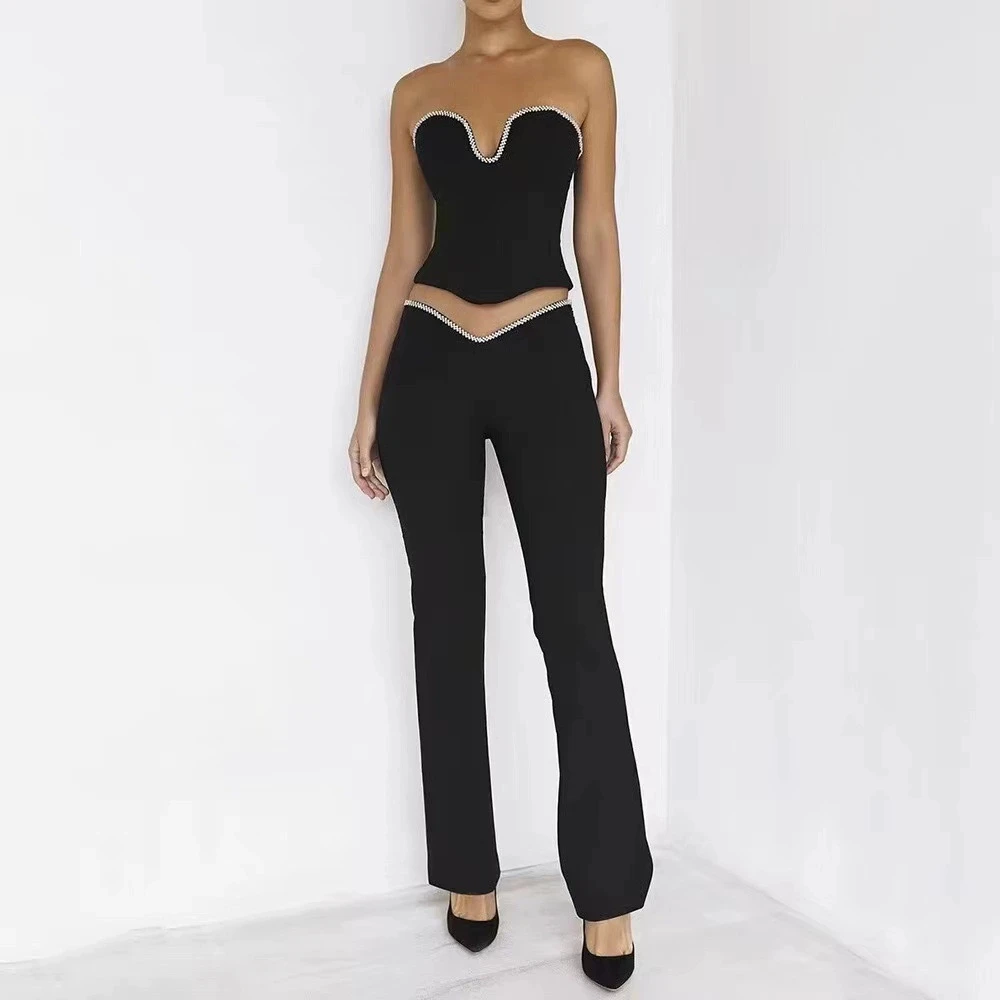 Hot selling nieuwe stijl super sprankelende strass trim tube top V taille broek modieuze forens pak-GZXX1274