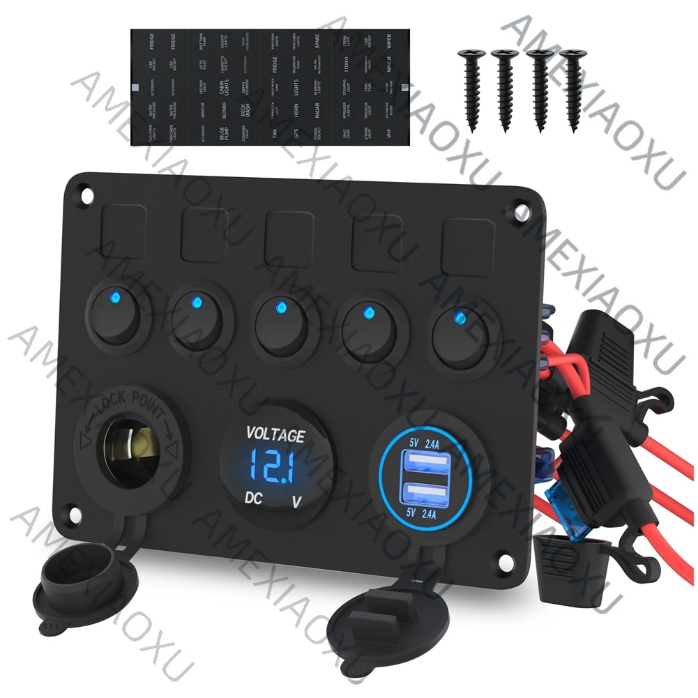 

AMEXIAOXU Синяя светодиодная панель с 5 переключателями 12В для авто и лодок, совместимая с водонепроницаемой розеткой и двумя USB-портами