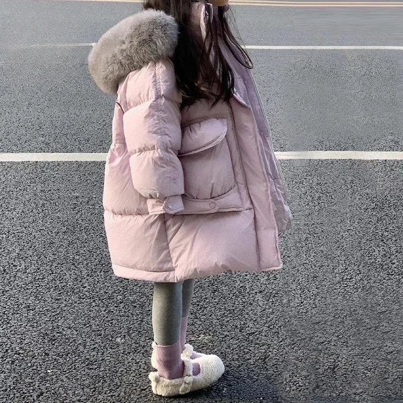 

Girls Down Coat Jacket Cotton Windbreak Outwear 2024 Hairy Warm Thicken Velvet Winter Skiwear Plus Size Children's Clothing