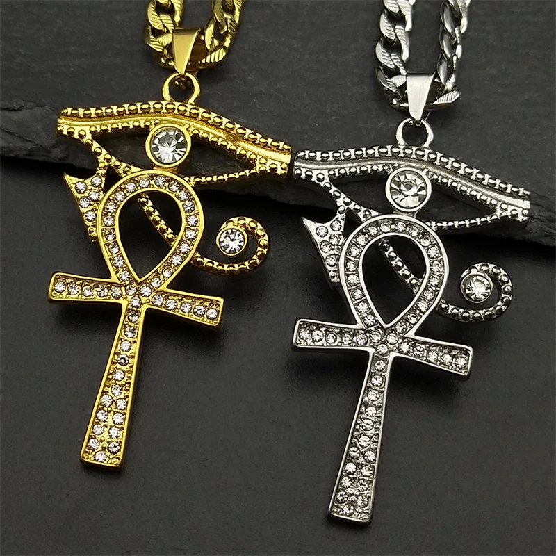 Collares con colgante de Cruz Ojo de Ra Horus Ankh de acero inoxidable para mujeres y hombres, diamantes de imitación de mitología, joyería con símbolo de ojos egipcios