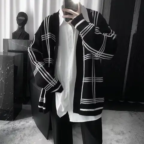 스트리트 격자 무늬 가디건 스웨터, 홍콩 스타일 루즈 재킷