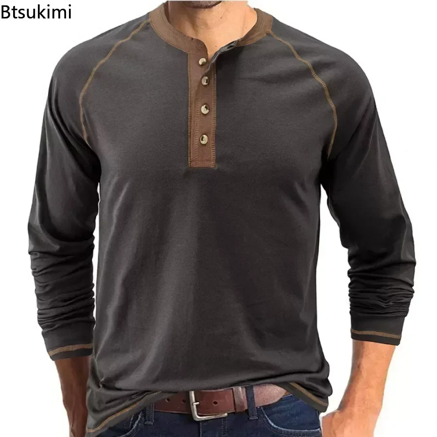 2024 Men\'s Casual Long Sleeve TShirt Solid Cotton Streetwear Outdoor Tops Tees Male Fashion O Neck T Shirt Button Top Men Shirts